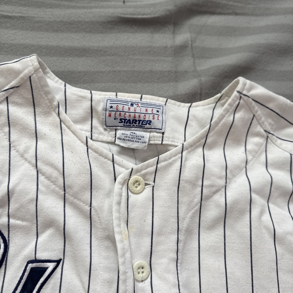 Vintage STARTER New York Yankees Pinstripe Baseball Jersey Mens XL Fair Con READ - Picture 4 of 16